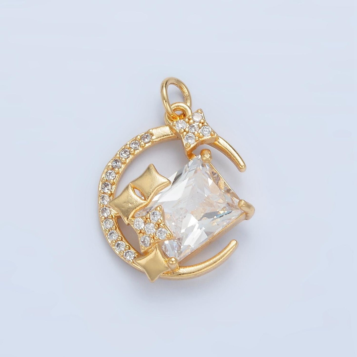 Crescent moon and stars micro paved cz gold filled celestial charm | x-288
