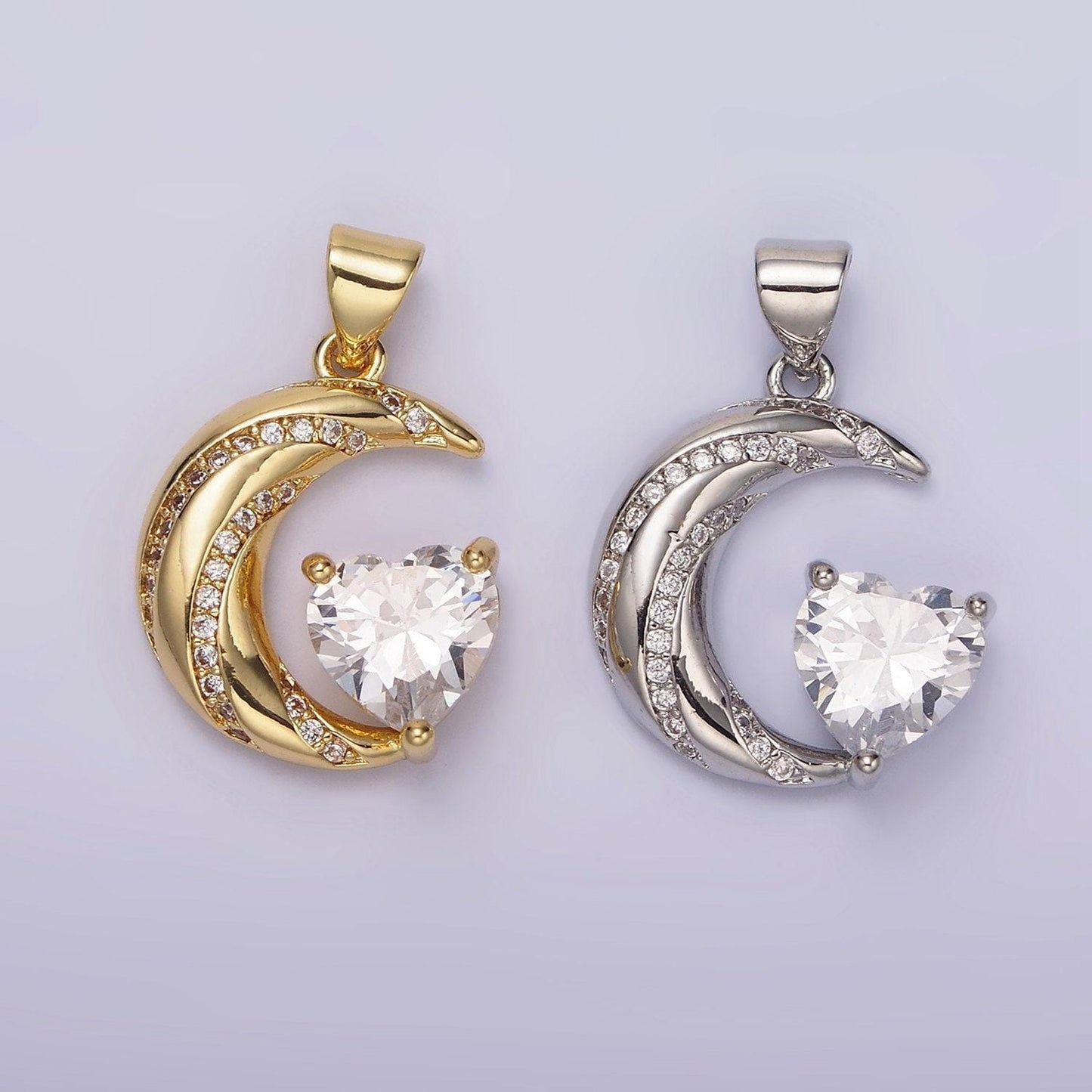 14k gold filled celestial crescent moon cz lined clear heart pendant in gold & silver | n1301 n1302