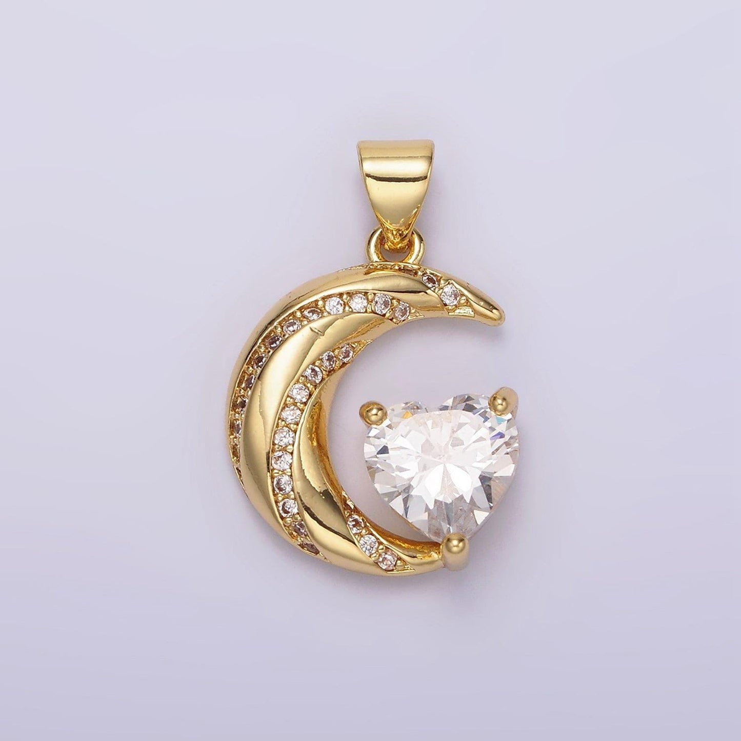 14k gold filled celestial crescent moon cz lined clear heart pendant in gold & silver | n1301 n1302