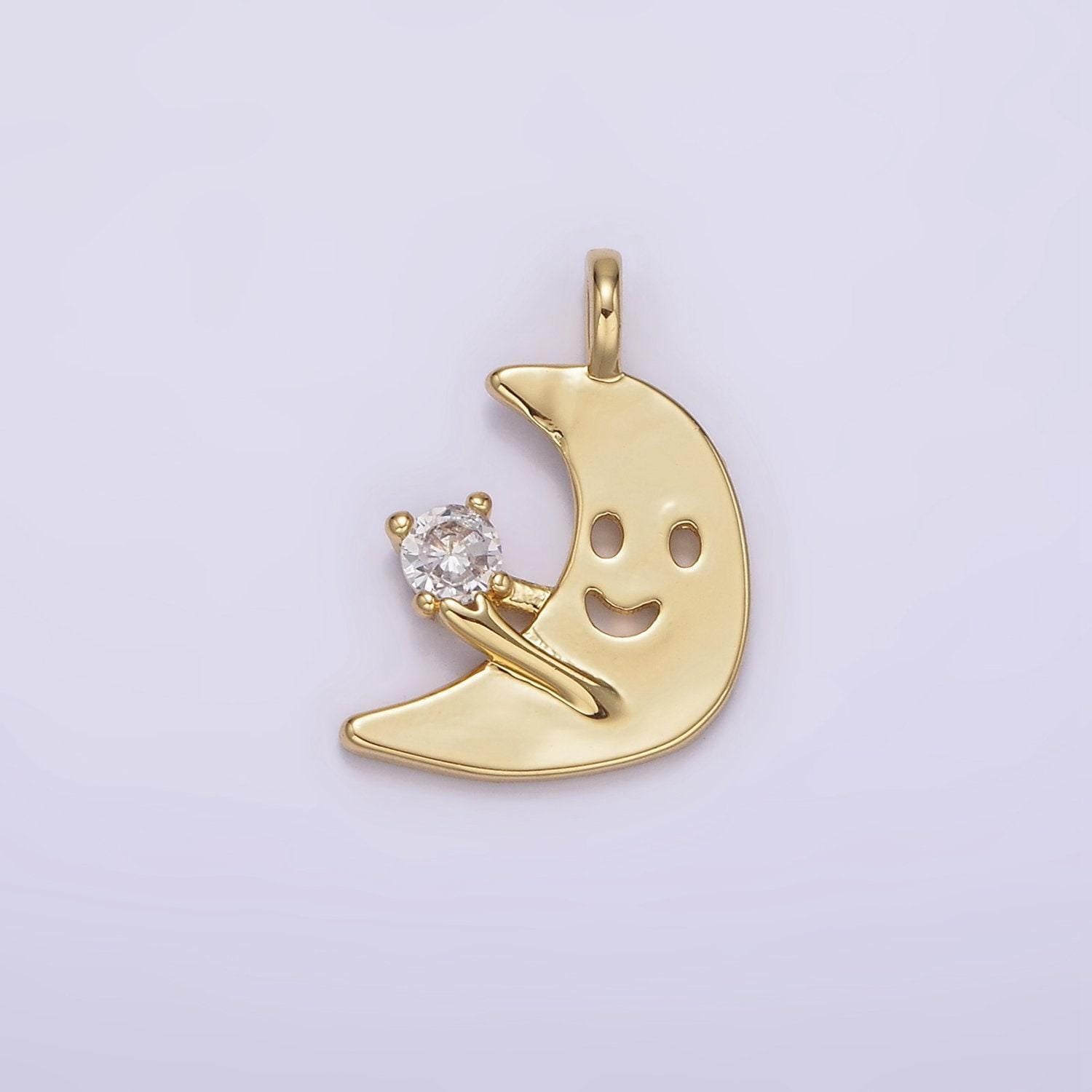 14k gold filled happy faced celestial crescent moon cz charm kids jewelry add on charm bracelet charm | n-1880