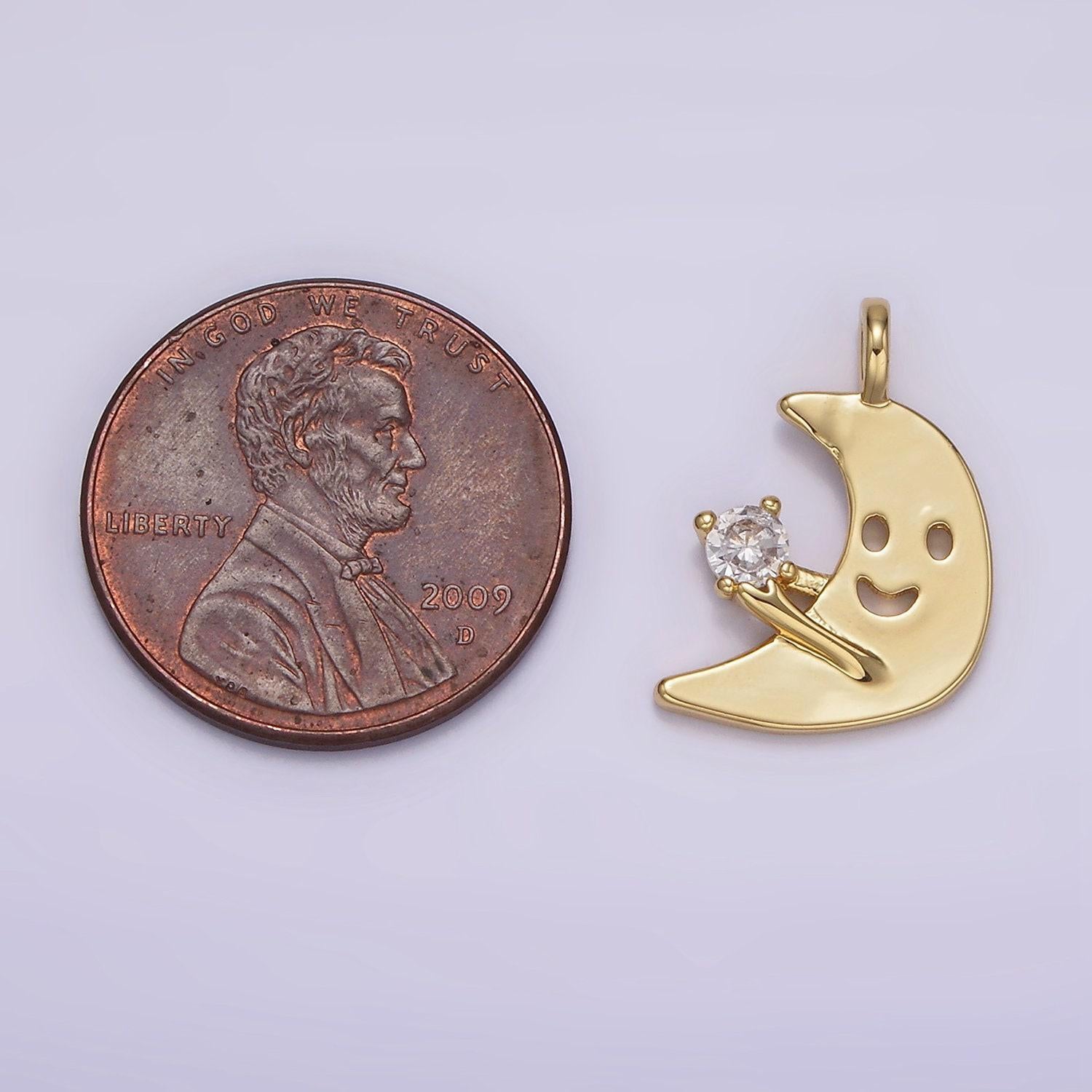 14k gold filled happy faced celestial crescent moon cz charm kids jewelry add on charm bracelet charm | n-1880