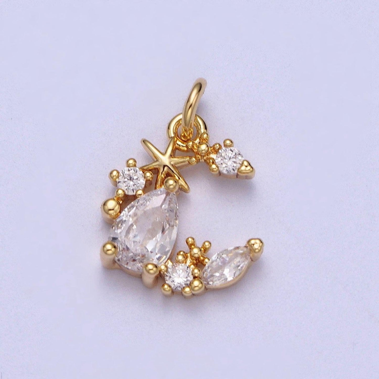 Tiny gold cz diamonds moon and star pendant, 16k gold filled clear micro paved cz moon stars beaded celestial charm |*y-449