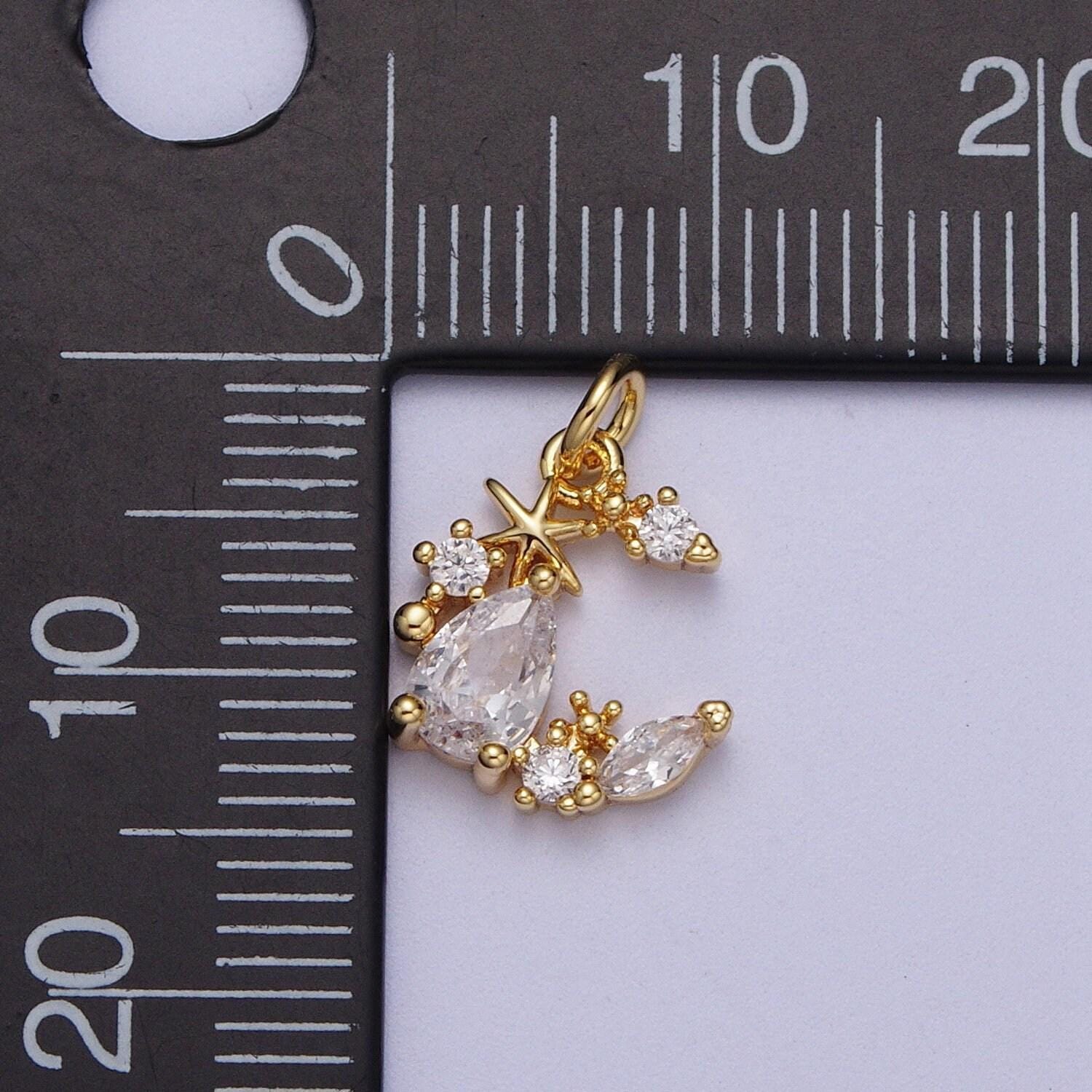 Tiny gold cz diamonds moon and star pendant, 16k gold filled clear micro paved cz moon stars beaded celestial charm |*y-449
