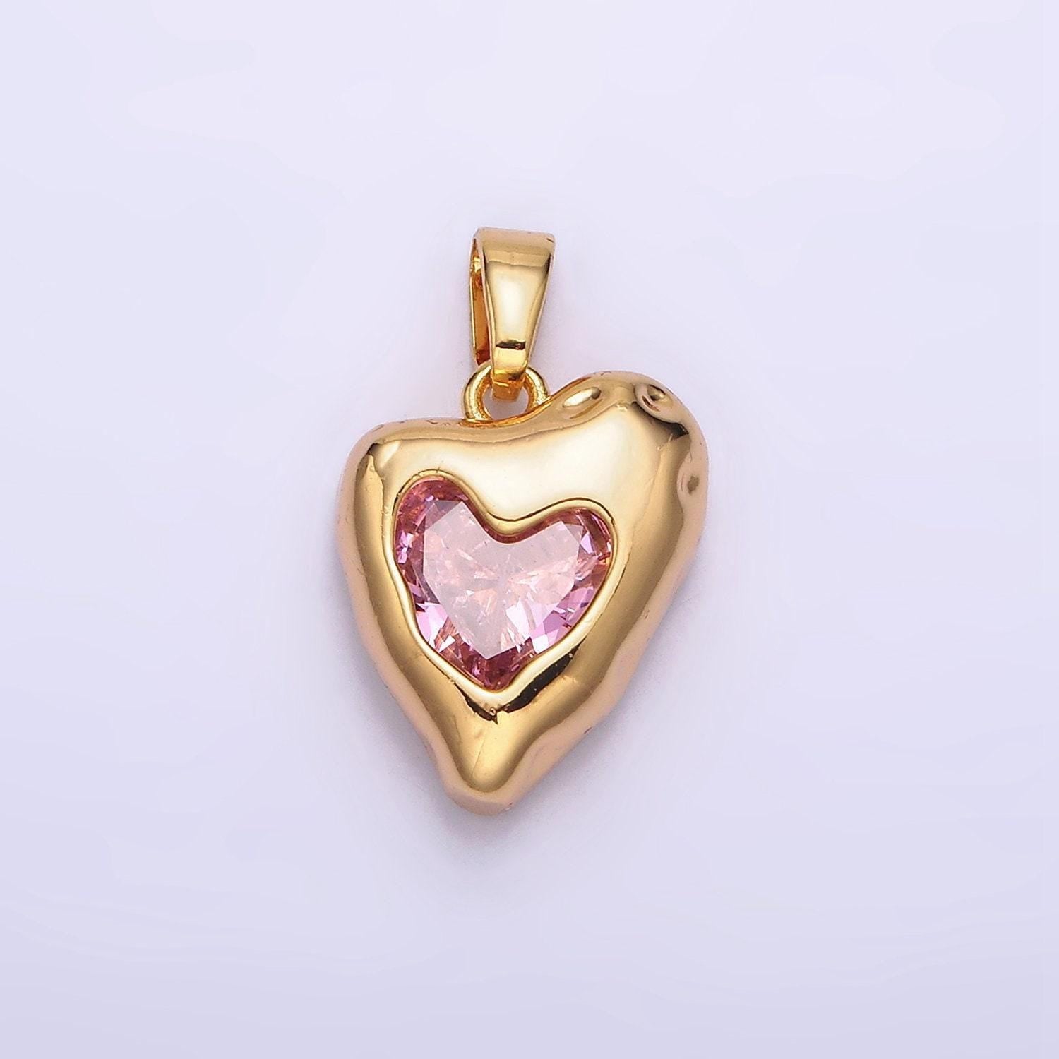 24k gold filled clear, pink cz molten heart pendant | aa592 aa593