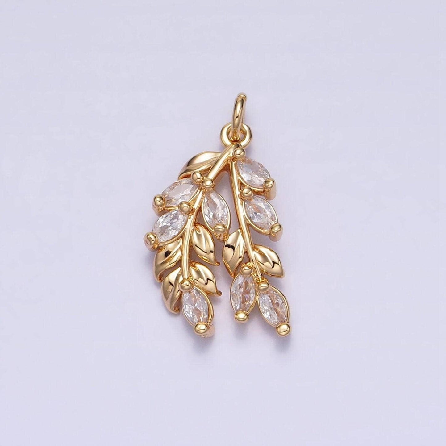 Dainty olive branch charm, 24k gold filled, leaf pendants cubic zirconia ac602