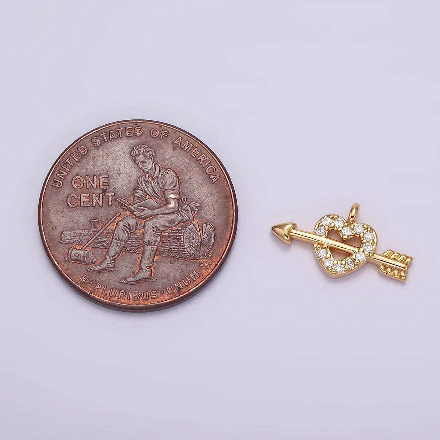 14k gold filled 8mm micro paved heart arrow cupid charm | n1766