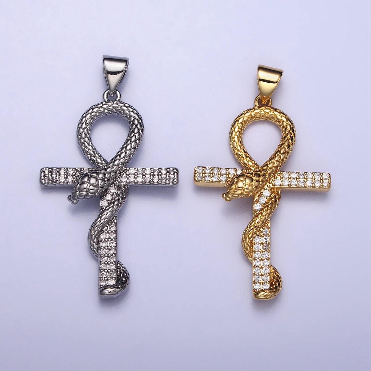 18k gold filled ankh, symbol of life, egyptian pantheon, crux ansata, cubic serpent necklace pendant charm gold snake cross pendant aa392