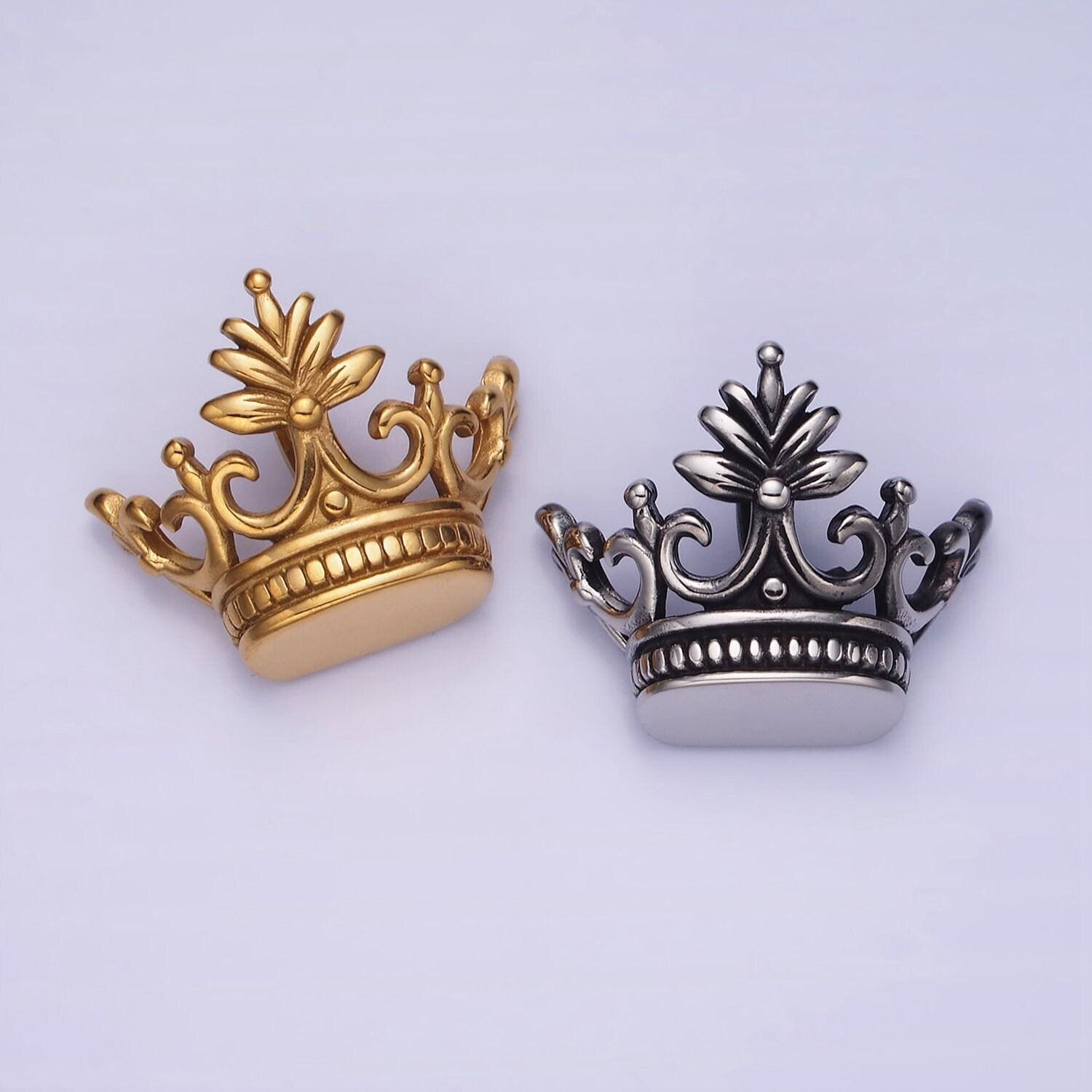 Stainless steel 30mm leaf royal crown back loop pendant in gold & silver | p1386