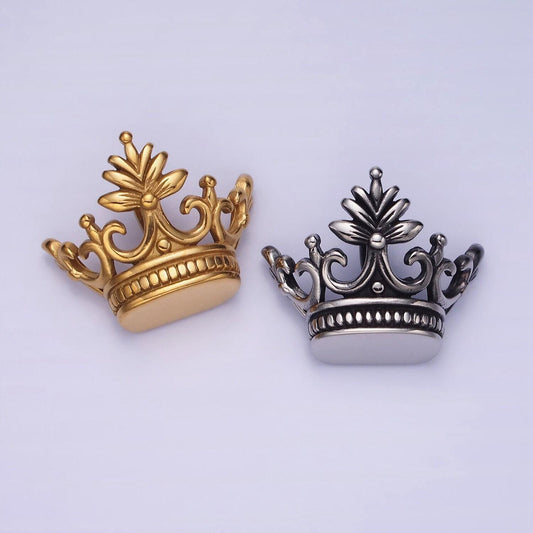Stainless steel 30mm leaf royal crown back loop pendant in gold & silver | p1386