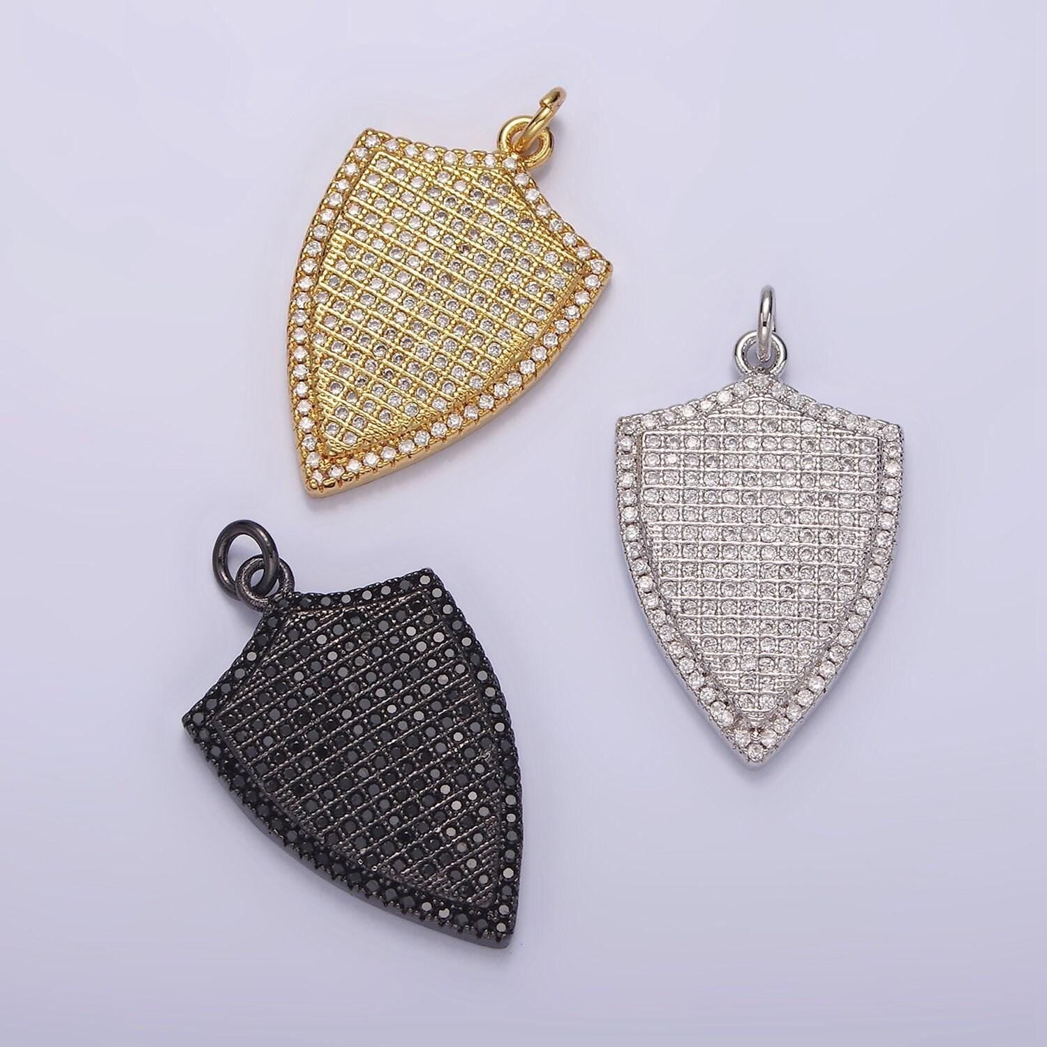 14k gold filled 30mm micro paved cz shield charm in silver, gold, black | n1132 - n1134