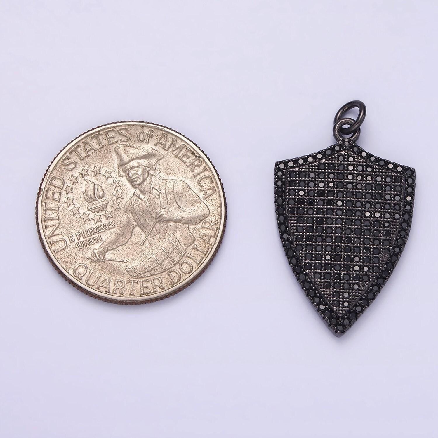 14k gold filled 30mm micro paved cz shield charm in silver, gold, black | n1132 - n1134