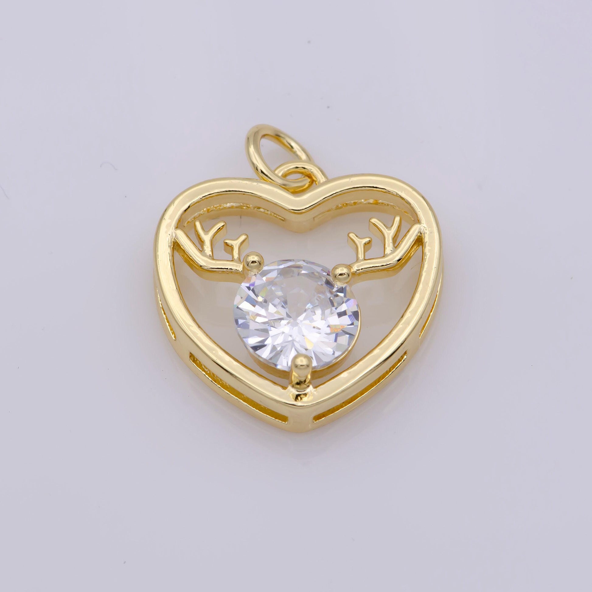 Mini gold heart charm gold filled cz stone raindeer pendant minimalist jewelry for bracelet earring necklace component