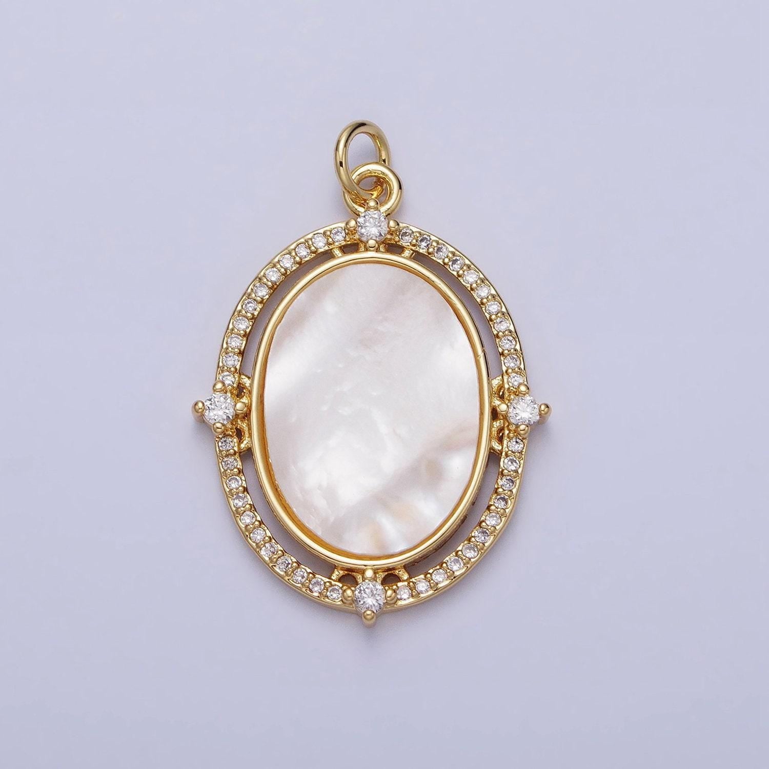 Oval pearl pendant micro pave oval geometric charm in 14k gold filled with clear cz stone for necklace charm supply ac365