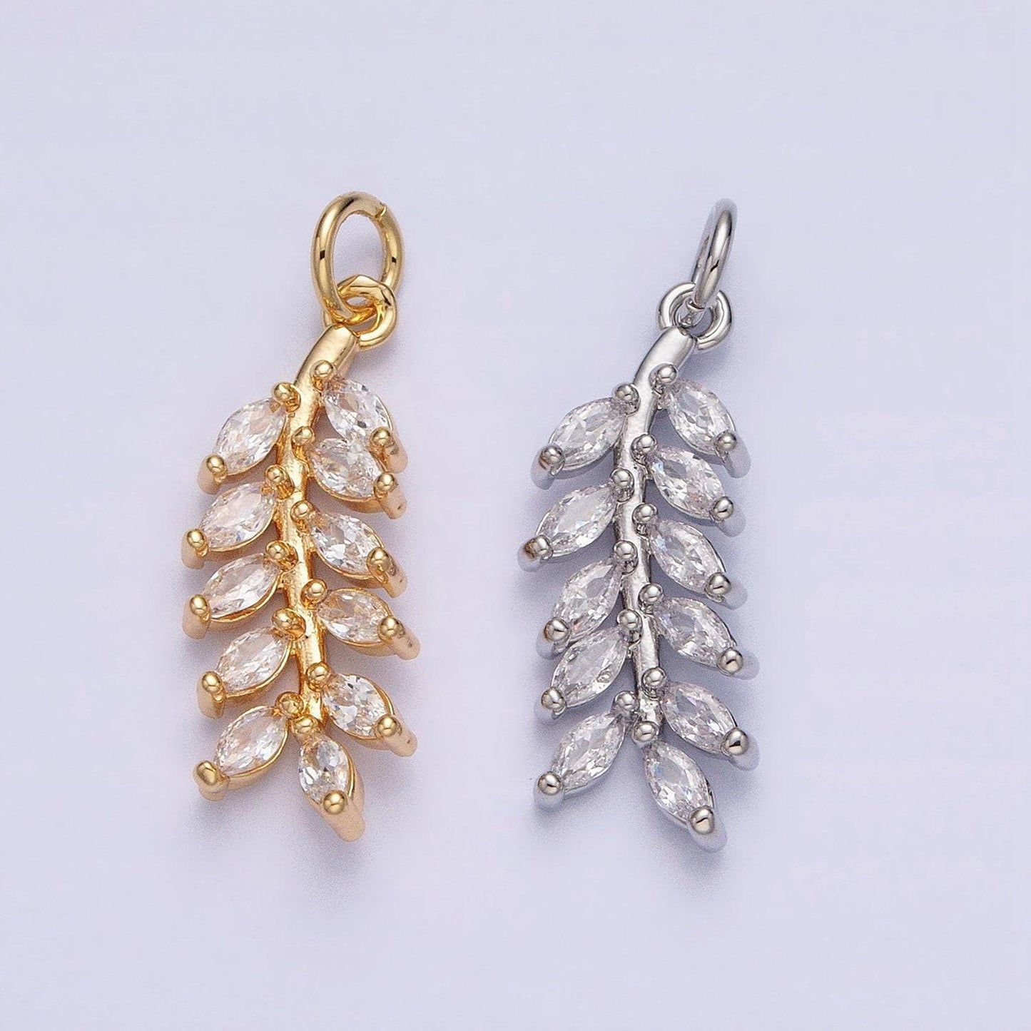 Dainty olive branch charm, 24k gold filled, leaf pendants cubic zirconia ac599