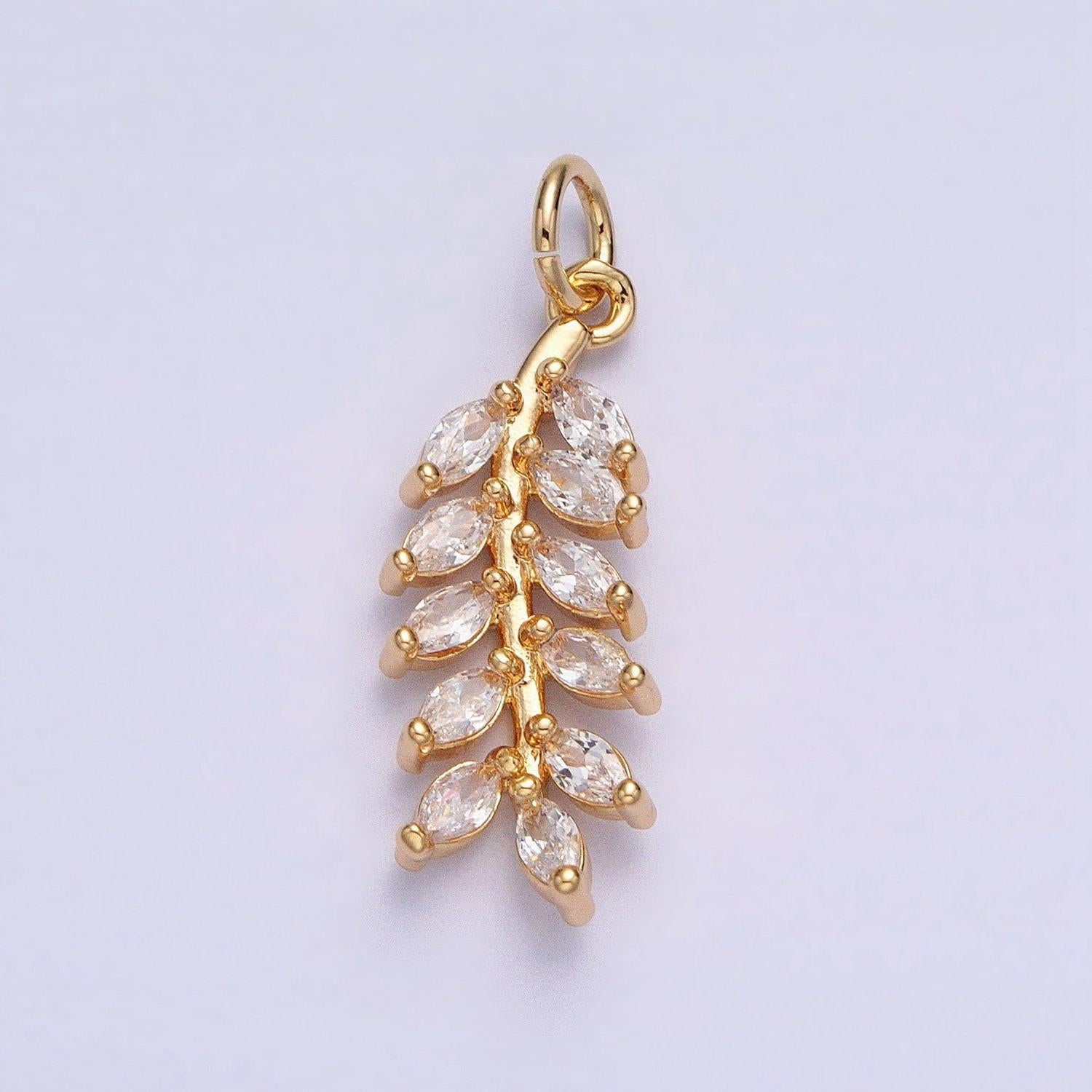 Dainty olive branch charm, 24k gold filled, leaf pendants cubic zirconia ac599