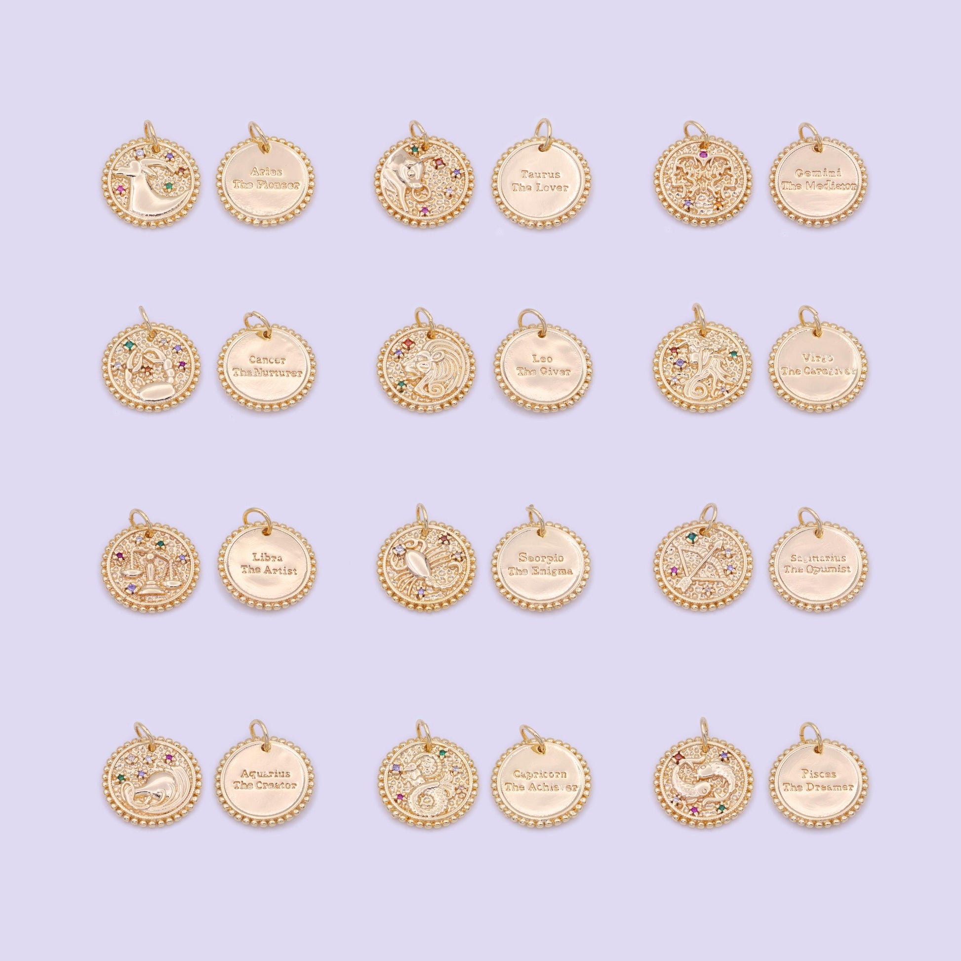 New design 14k gold filled double sided zodiac charm horoscope astrology personalized coin charm cz round disc pendant| a1803-1808