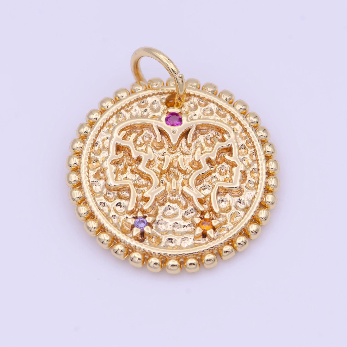 New design 14k gold filled double sided zodiac charm horoscope astrology personalized coin charm cz round disc pendant| a1803-1808