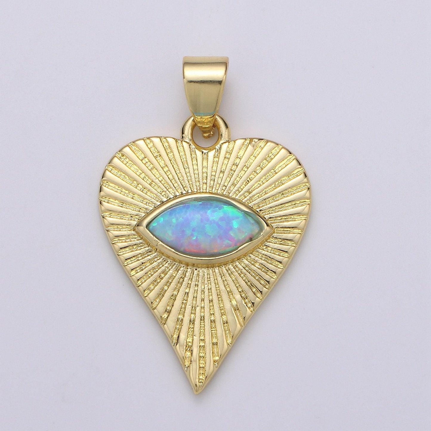 White, blue opal created heart charm pendant, evil eye heart pendant, gold sunburst heart jewelry making supplypdgf-2091, 2092, j219, j220