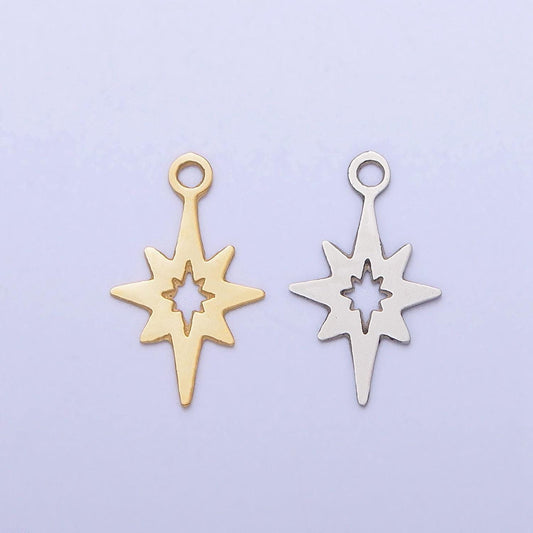 Stainless steel north star charm, starburst pole star pendant laser cut celestial findings lead nickel free tarnish resistant charm p-902