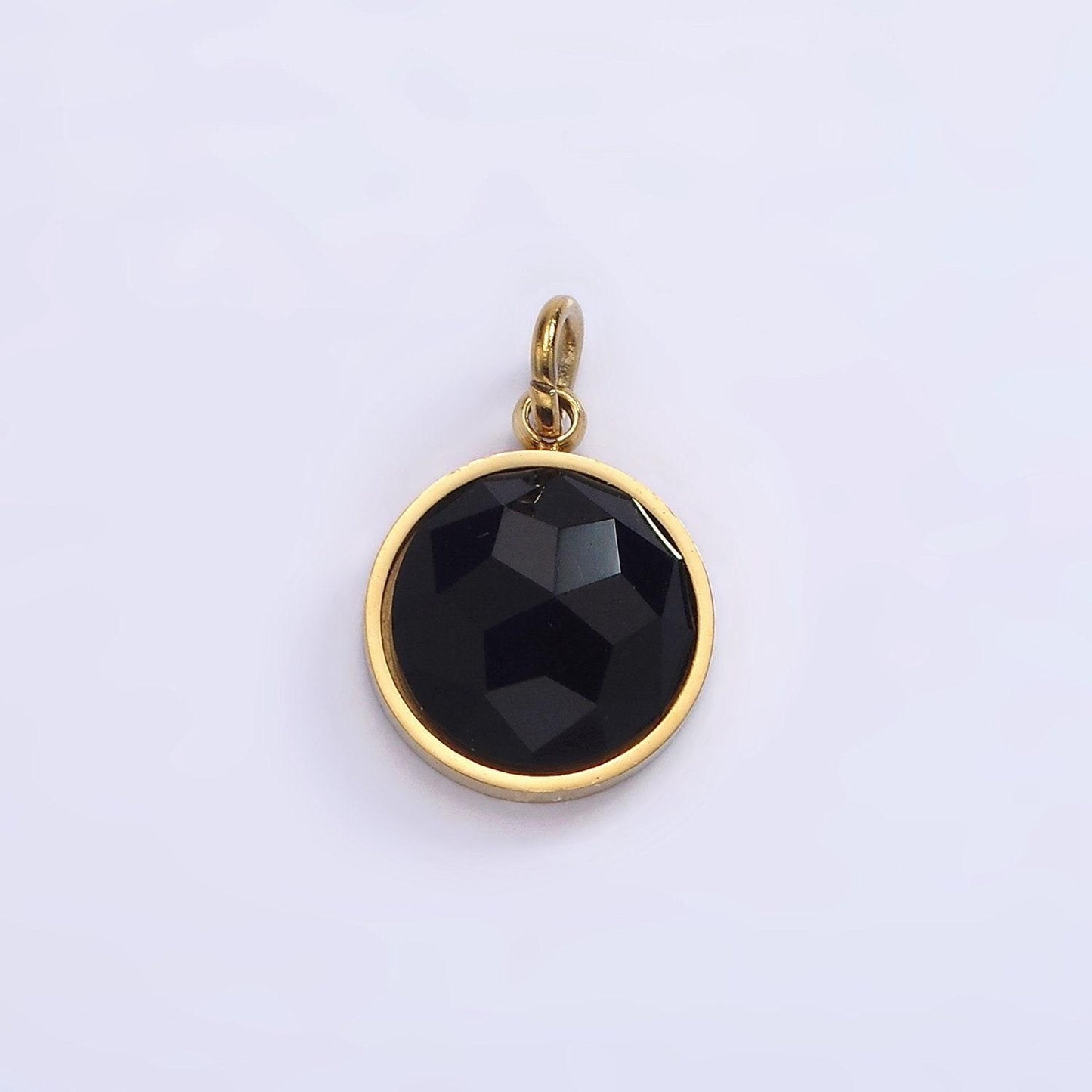 Stainless steel onyx, tiger eye, amazonite, clear quartz multifaceted round charm in gold & silver | p1333 - p1336