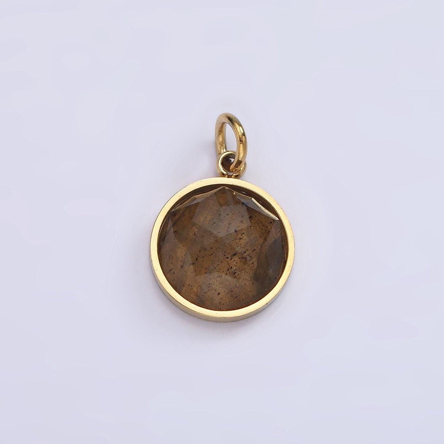 Stainless steel onyx, tiger eye, amazonite, clear quartz multifaceted round charm in gold & silver | p1333 - p1336