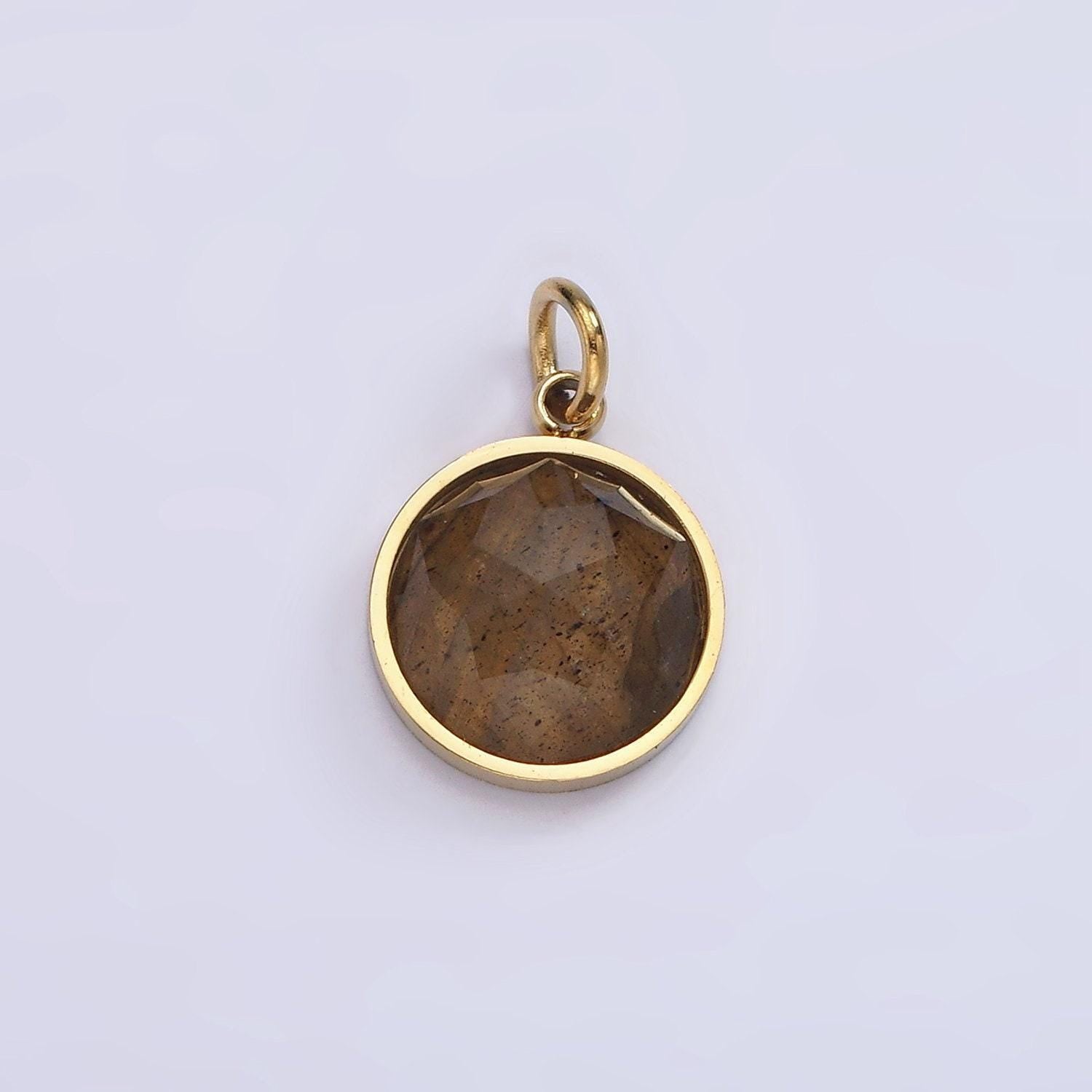 Stainless steel onyx, tiger eye, amazonite, clear quartz multifaceted round charm in gold & silver | p1333 - p1336