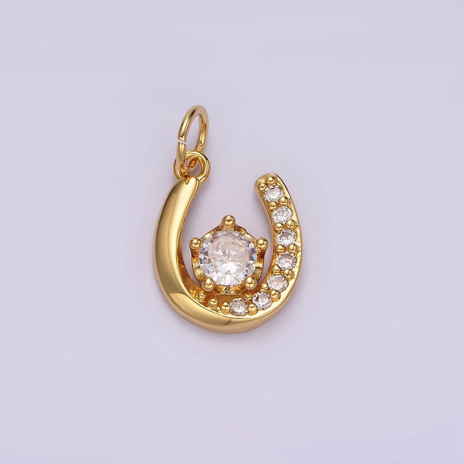14k gold filled clear, red green cz micro paved lucky u horseshoe charm in gold & silver | ac835 - ac840