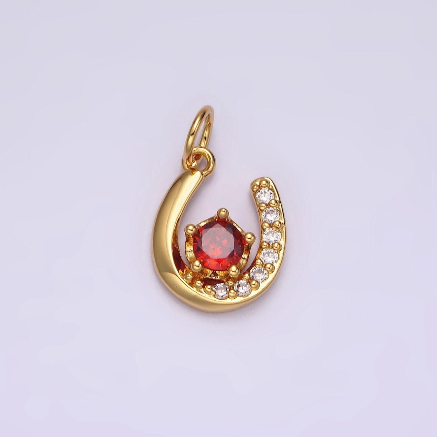 14k gold filled clear, red green cz micro paved lucky u horseshoe charm in gold & silver | ac835 - ac840