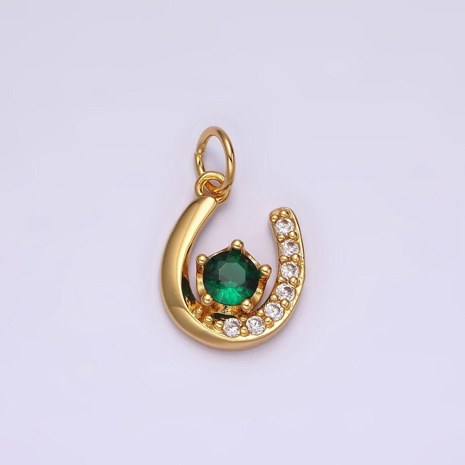14k gold filled clear, red green cz micro paved lucky u horseshoe charm in gold & silver | ac835 - ac840