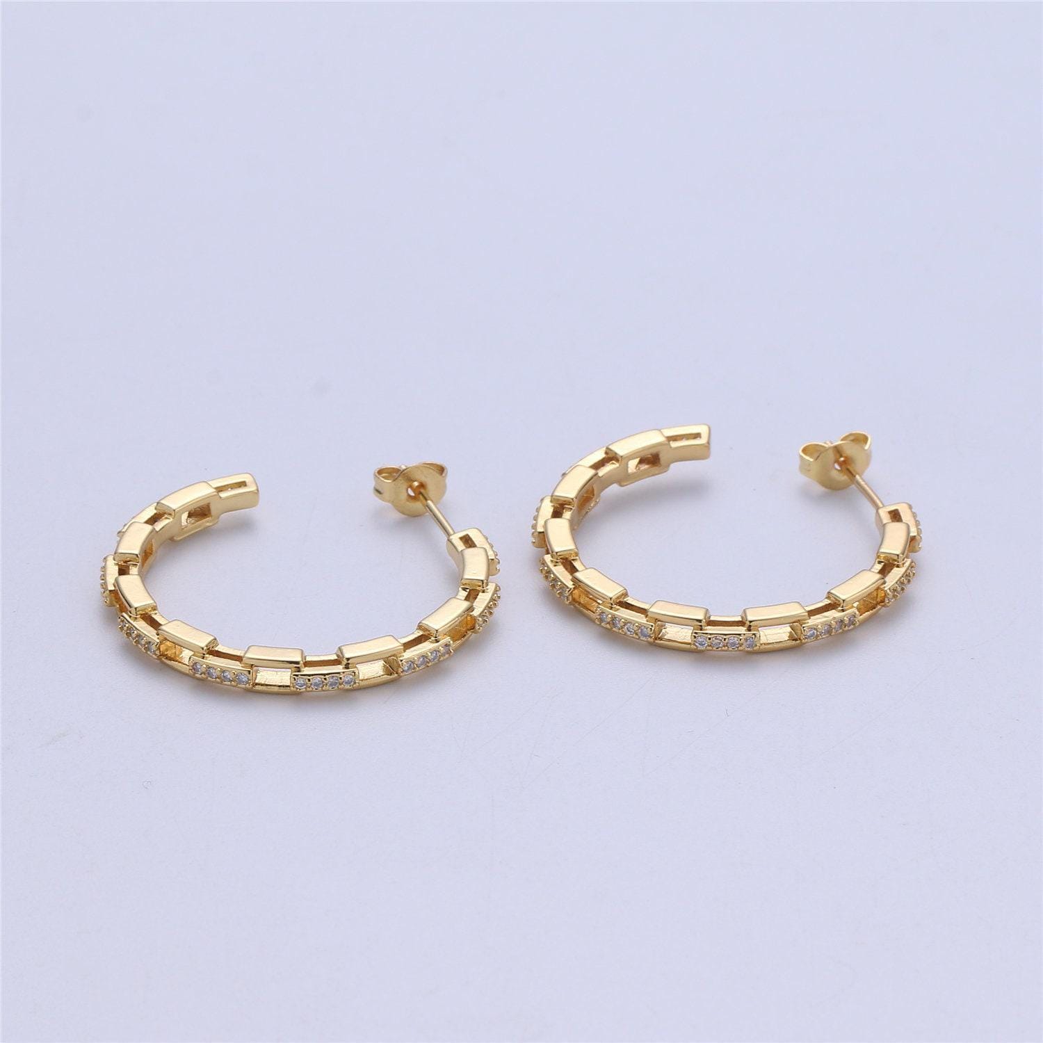 Dainty gold chain earring cz curb chain earring micro pave thin earring - gold filled hoop minimalist jewelry silver link earring