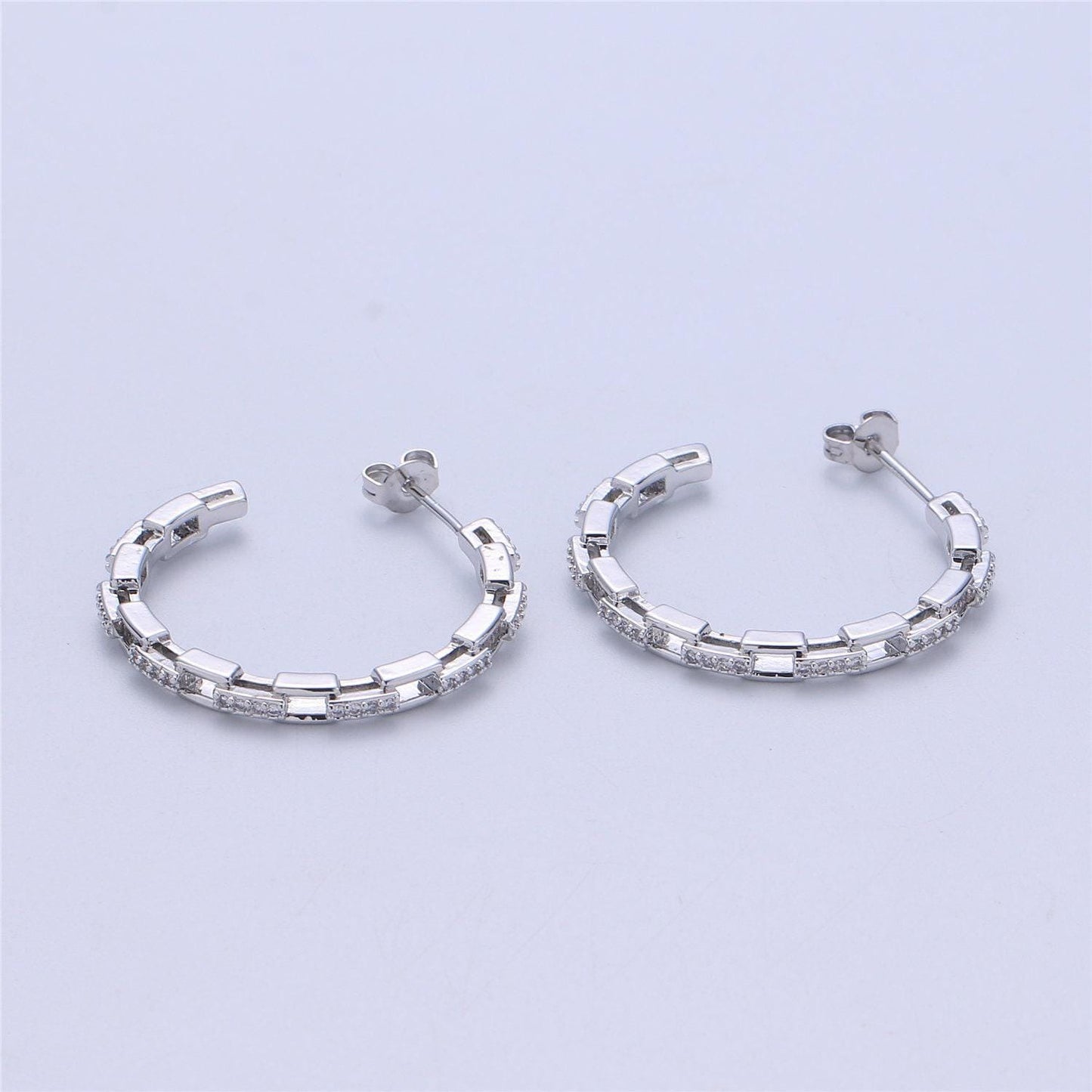 Dainty gold chain earring cz curb chain earring micro pave thin earring - gold filled hoop minimalist jewelry silver link earring