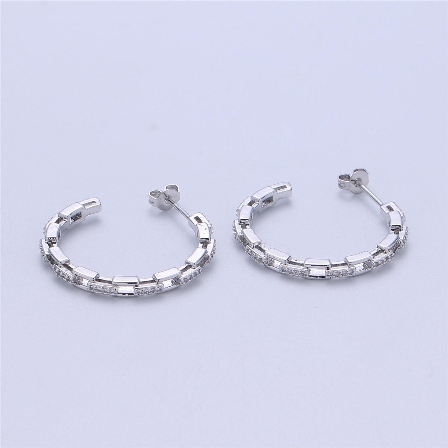 Dainty gold chain earring cz curb chain earring micro pave thin earring - gold filled hoop minimalist jewelry silver link earring