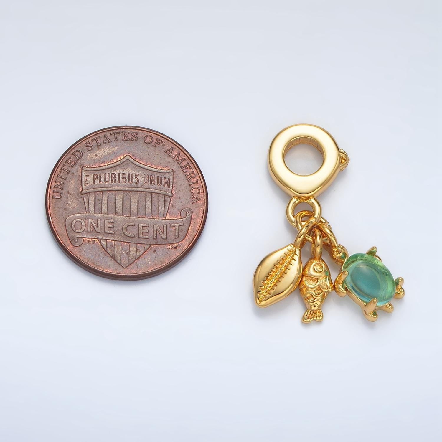 24k gold filled shell/fish/turtle ocean theme rondelle bail triple drop pendant | ac-087
