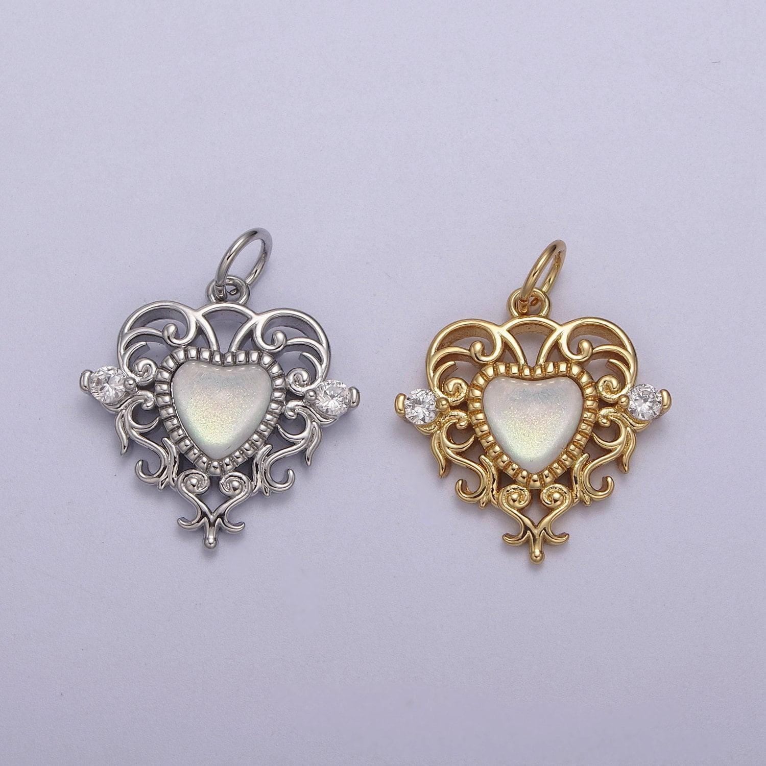 Dainty ornate white pearl shell heart swirl charm with cz 24k gold filled n-866 n-867