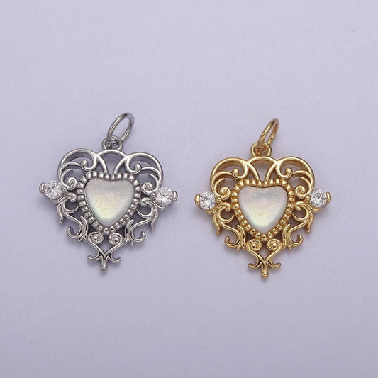 Dainty ornate white pearl shell heart swirl charm with cz 24k gold filled n-866 n-867