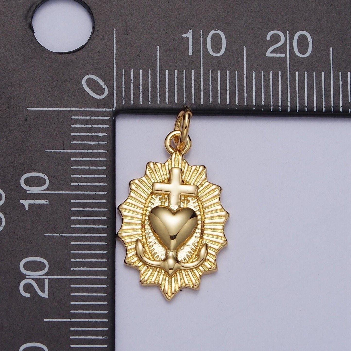 Gold dainty sacred heart of jesus charm, gold religious sunburst textured design charm, the sacred heart of jesus pendant |ag127