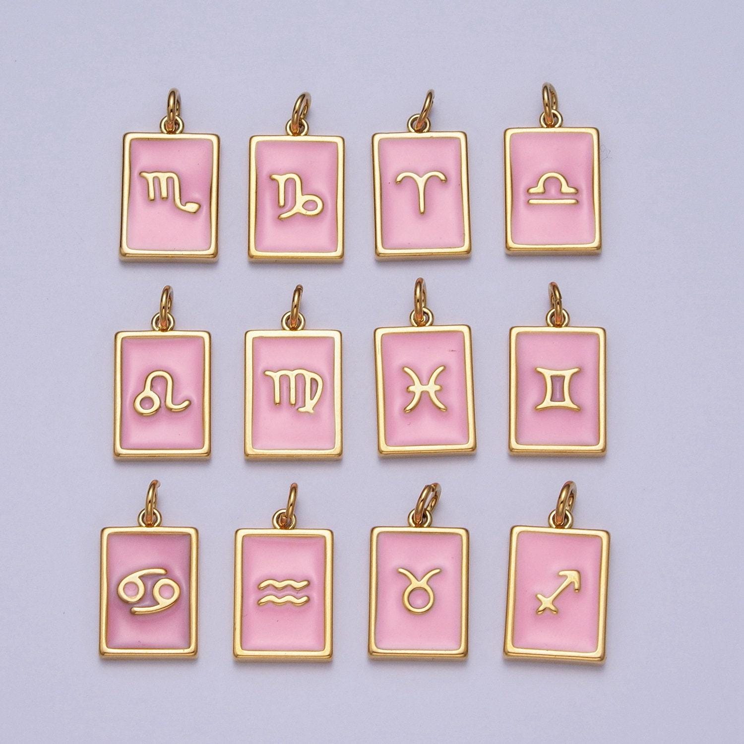 Gold rectangular baby pink enamel zodiac charms white gold-filled astrological zodiac signs, birthday, horoscope pendants | a1469-a1474