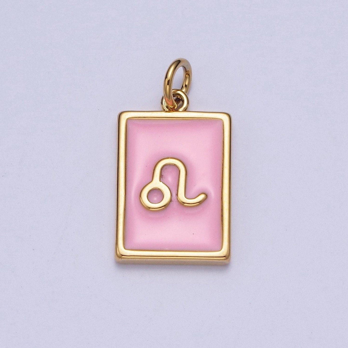 Gold rectangular baby pink enamel zodiac charms white gold-filled astrological zodiac signs, birthday, horoscope pendants | a1469-a1474