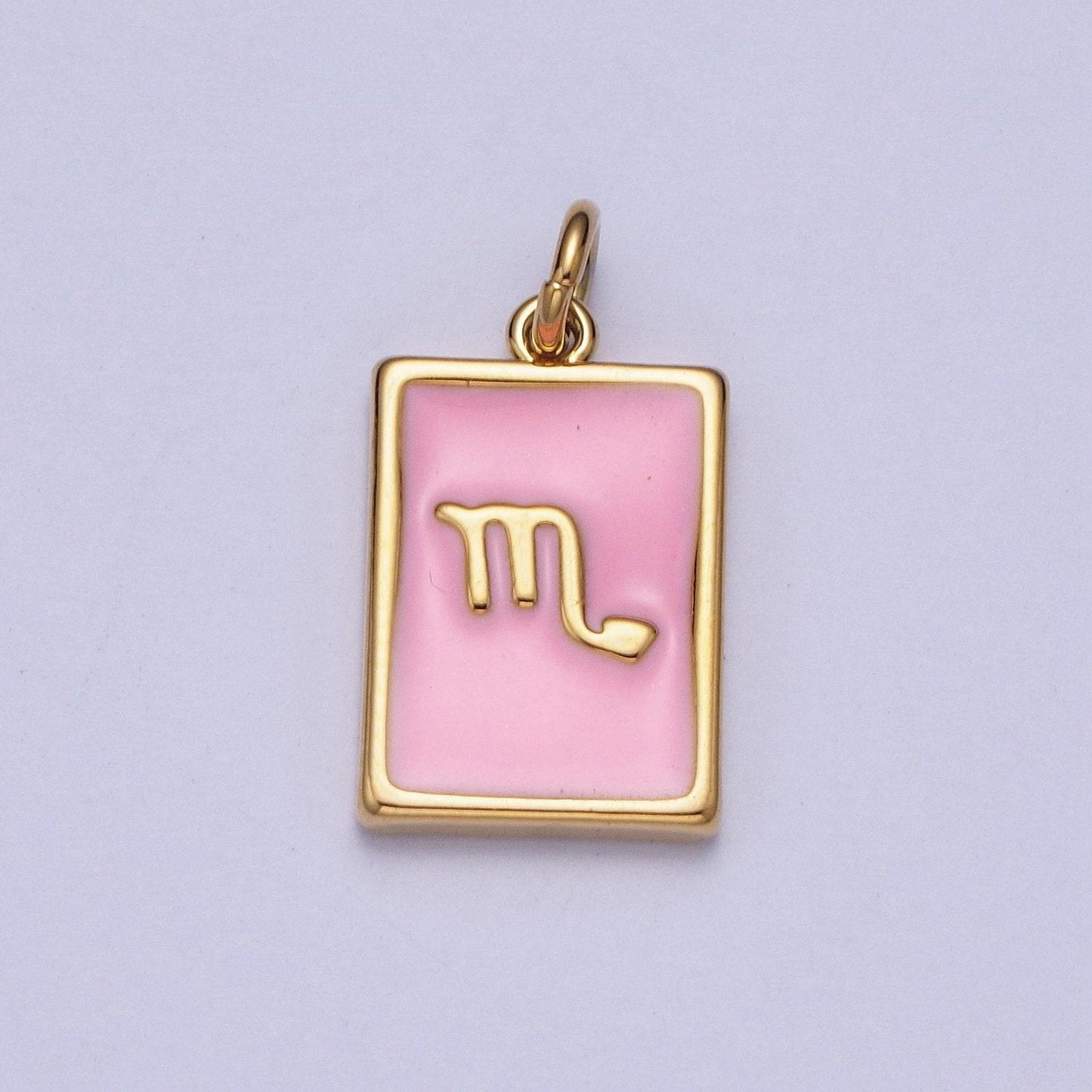 Gold rectangular baby pink enamel zodiac charms white gold-filled astrological zodiac signs, birthday, horoscope pendants | a1469-a1474