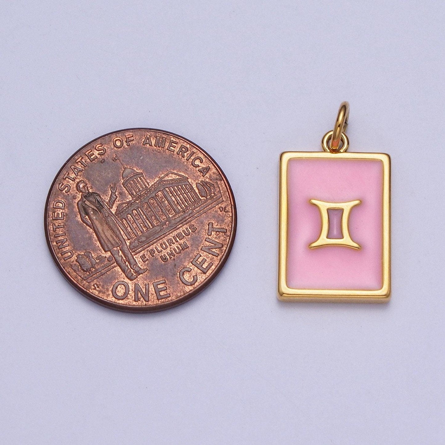 Gold rectangular baby pink enamel zodiac charms white gold-filled astrological zodiac signs, birthday, horoscope pendants | a1469-a1474