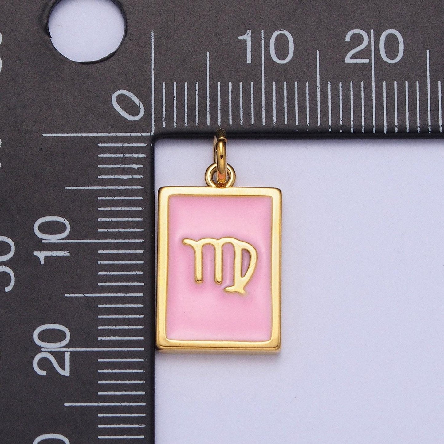 Gold rectangular baby pink enamel zodiac charms white gold-filled astrological zodiac signs, birthday, horoscope pendants | a1469-a1474