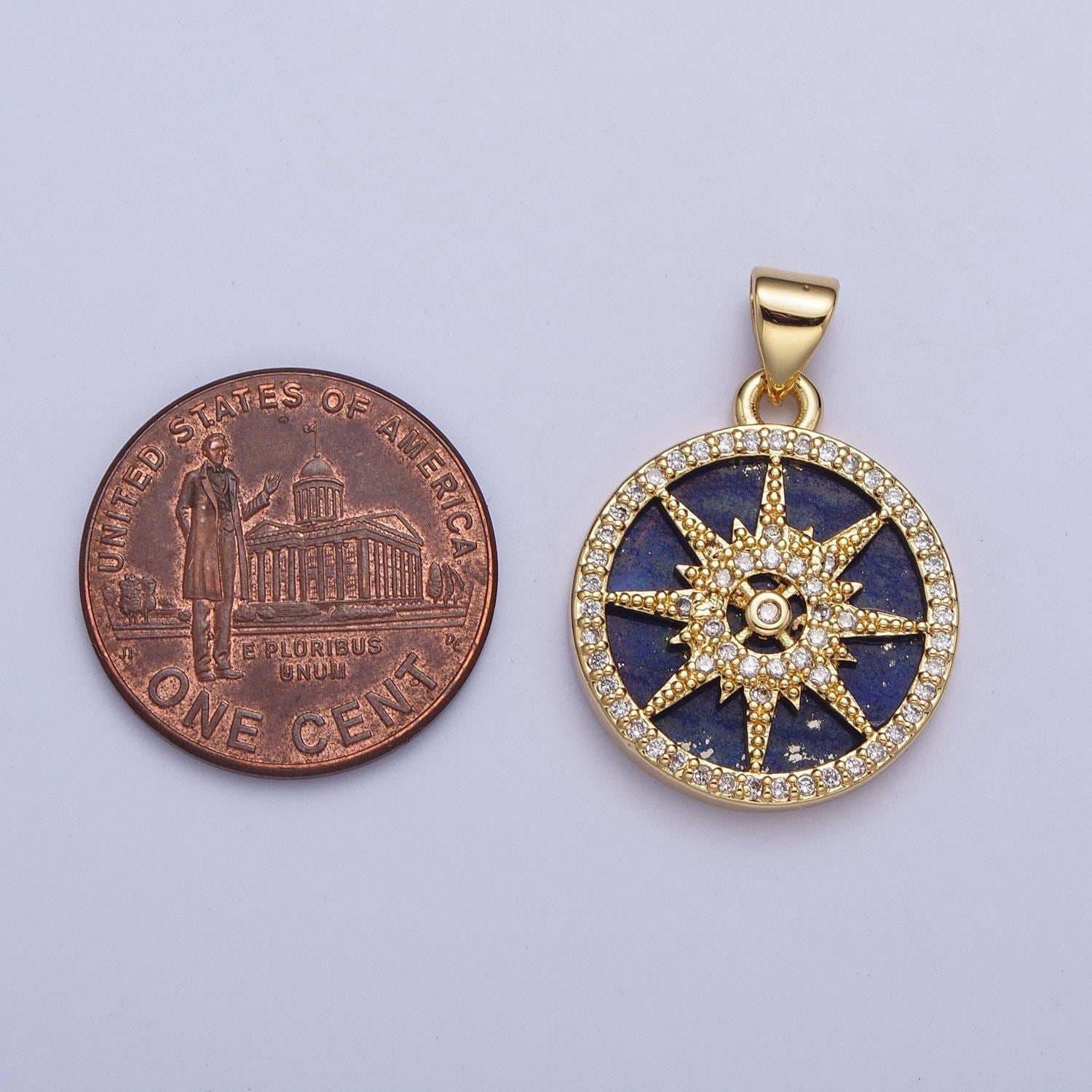 Gold blue lapiz north star compass coin medallion pendant, 24k gold filled round micro pave cz nautical navigation charm for jewelry | x-429