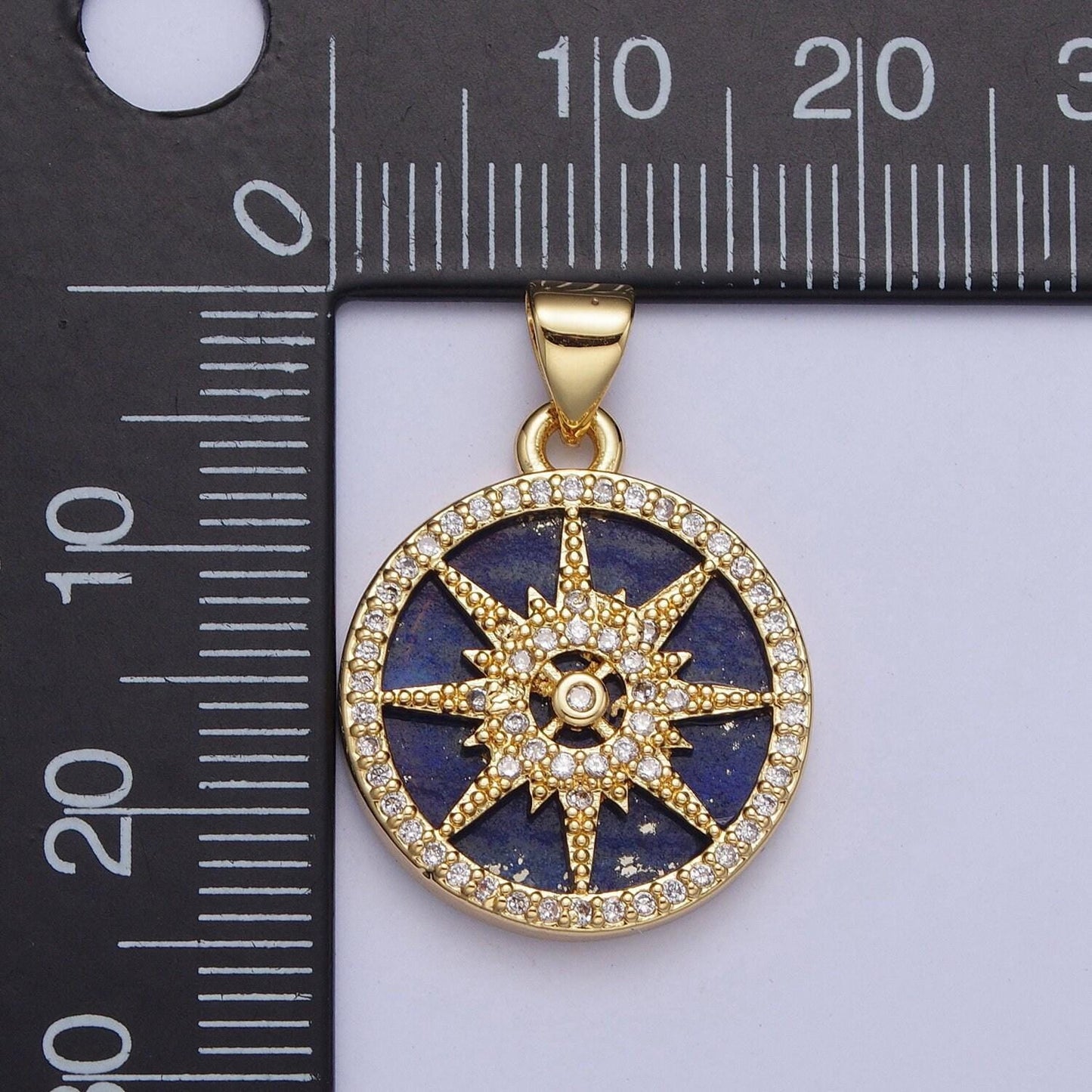 Gold blue lapiz north star compass coin medallion pendant, 24k gold filled round micro pave cz nautical navigation charm for jewelry | x-429