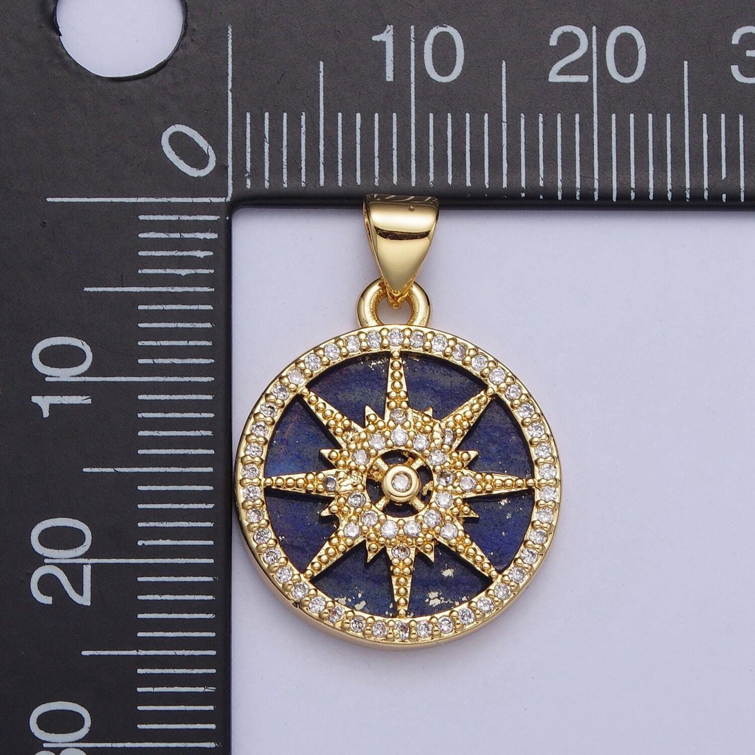 Gold blue lapiz north star compass coin medallion pendant, 24k gold filled round micro pave cz nautical navigation charm for jewelry | x-429