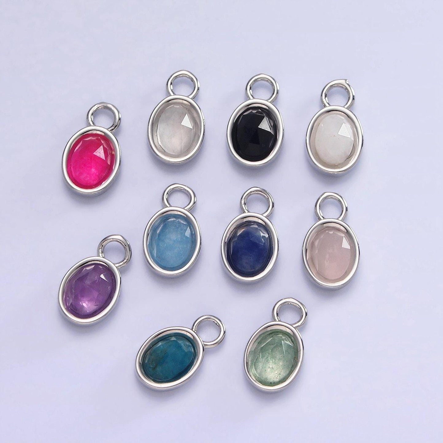White gold filled oval multifaceted natural gemstone personalized add-on silver charm | ac1390 - ac1399