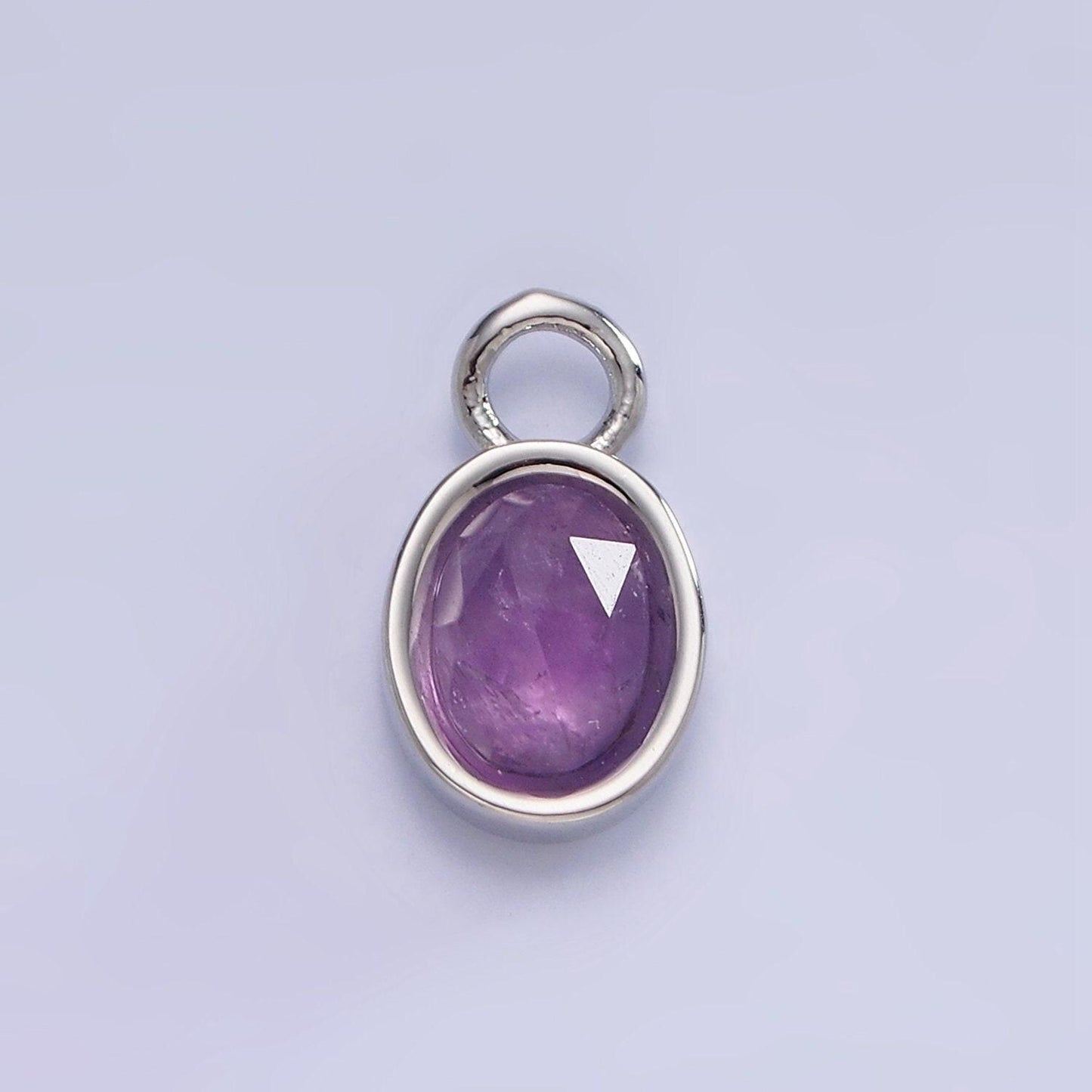 White gold filled oval multifaceted natural gemstone personalized add-on silver charm | ac1390 - ac1399