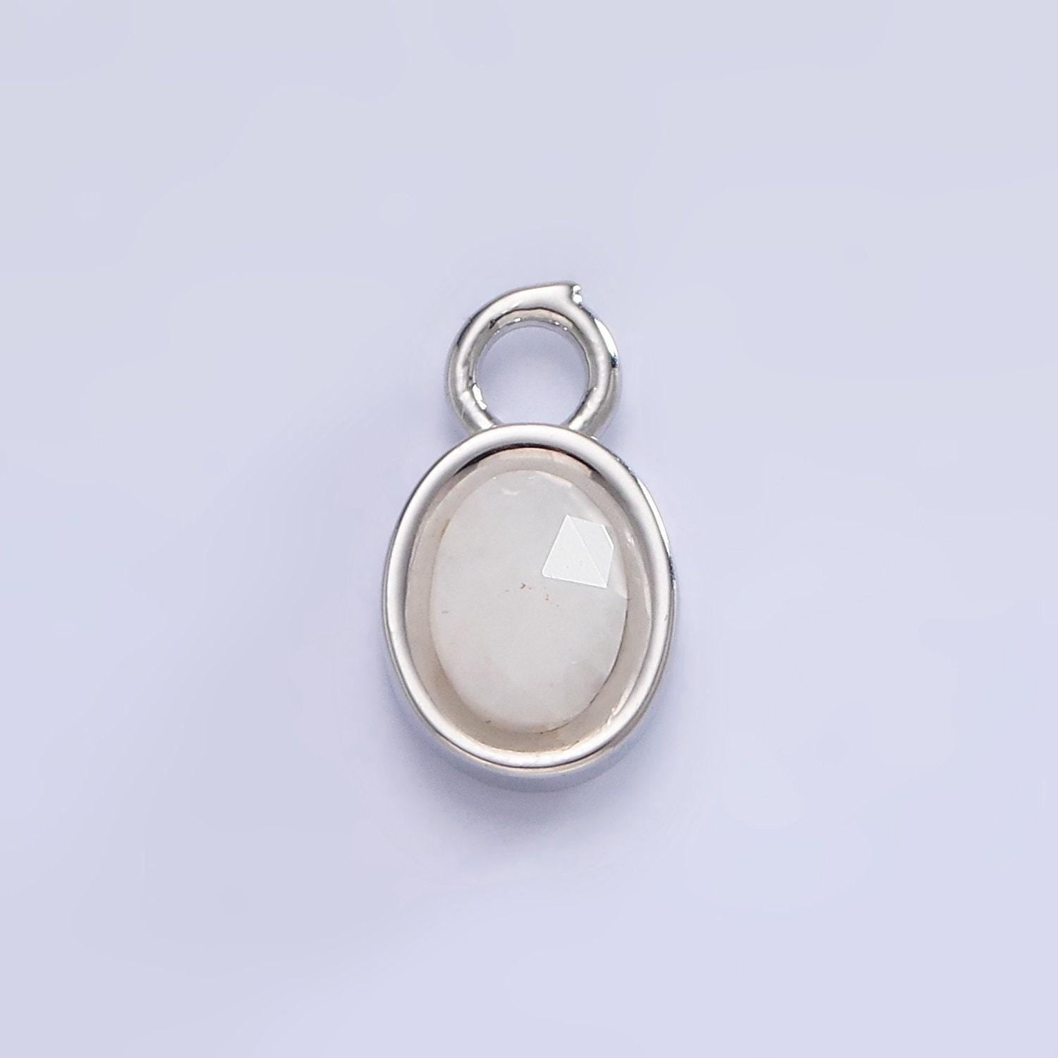 White gold filled oval multifaceted natural gemstone personalized add-on silver charm | ac1390 - ac1399