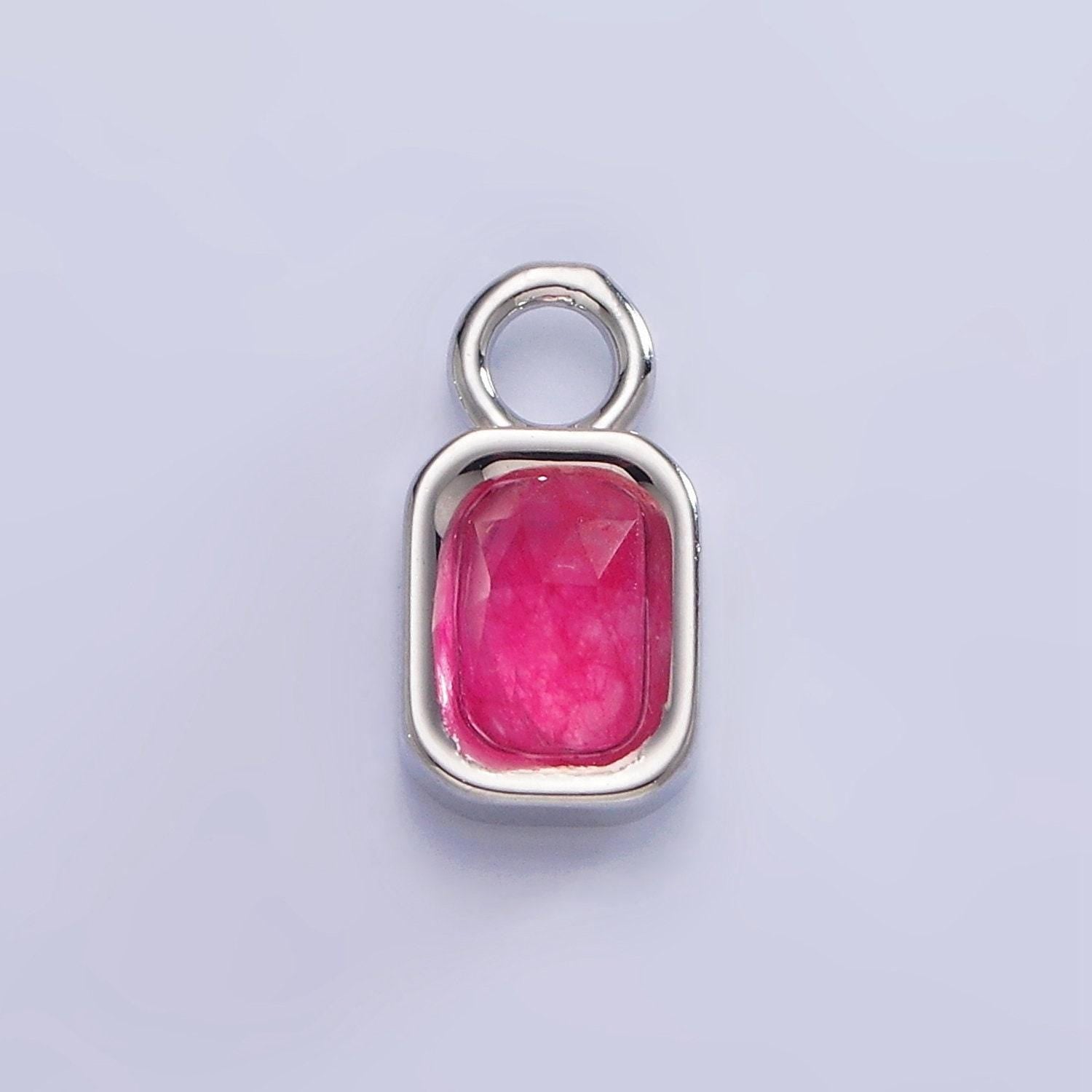 White gold filled square tag multifaceted natural gemstone personalized add-on silver charm | ac1407 - ac1410