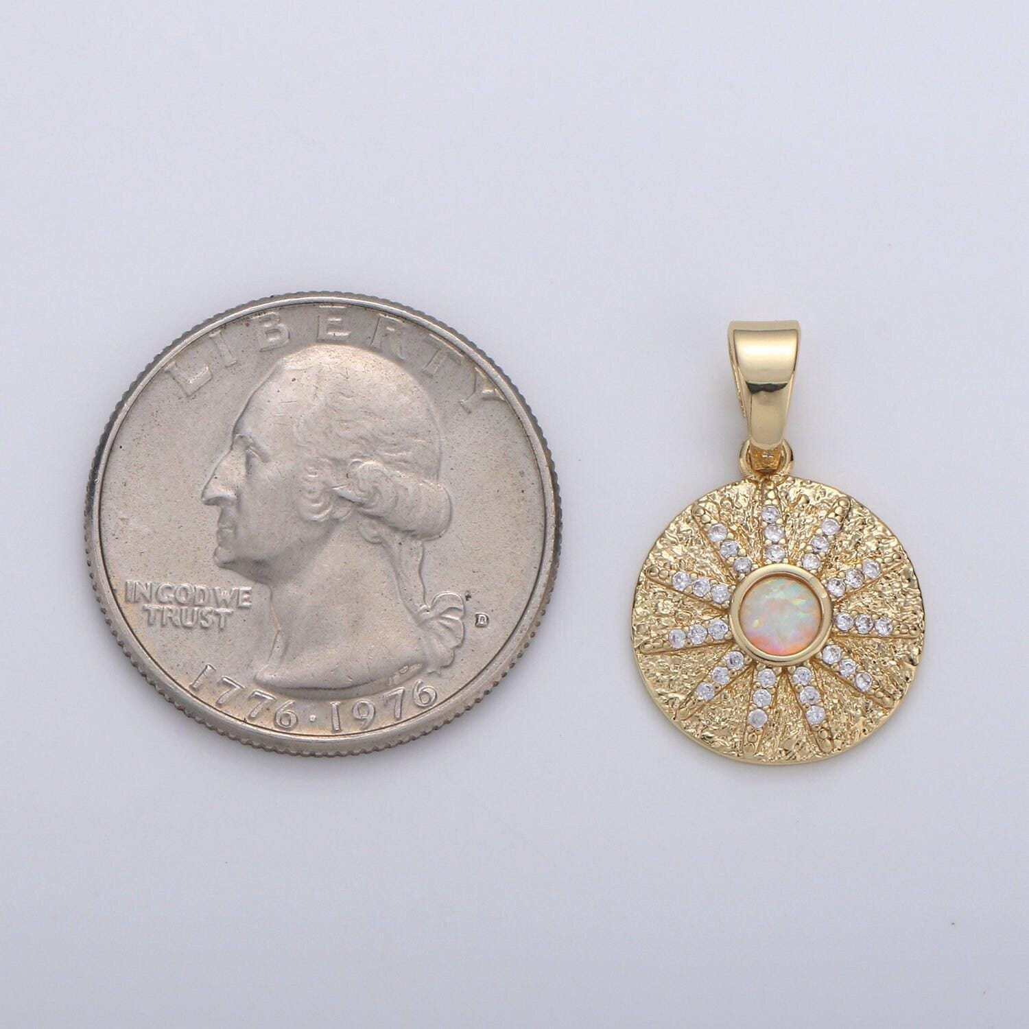 Dainty vergina sun charm 14k gold filled opal round sun burst medallion pendant micro pave gold sun celestial jewelry 23x16mm,