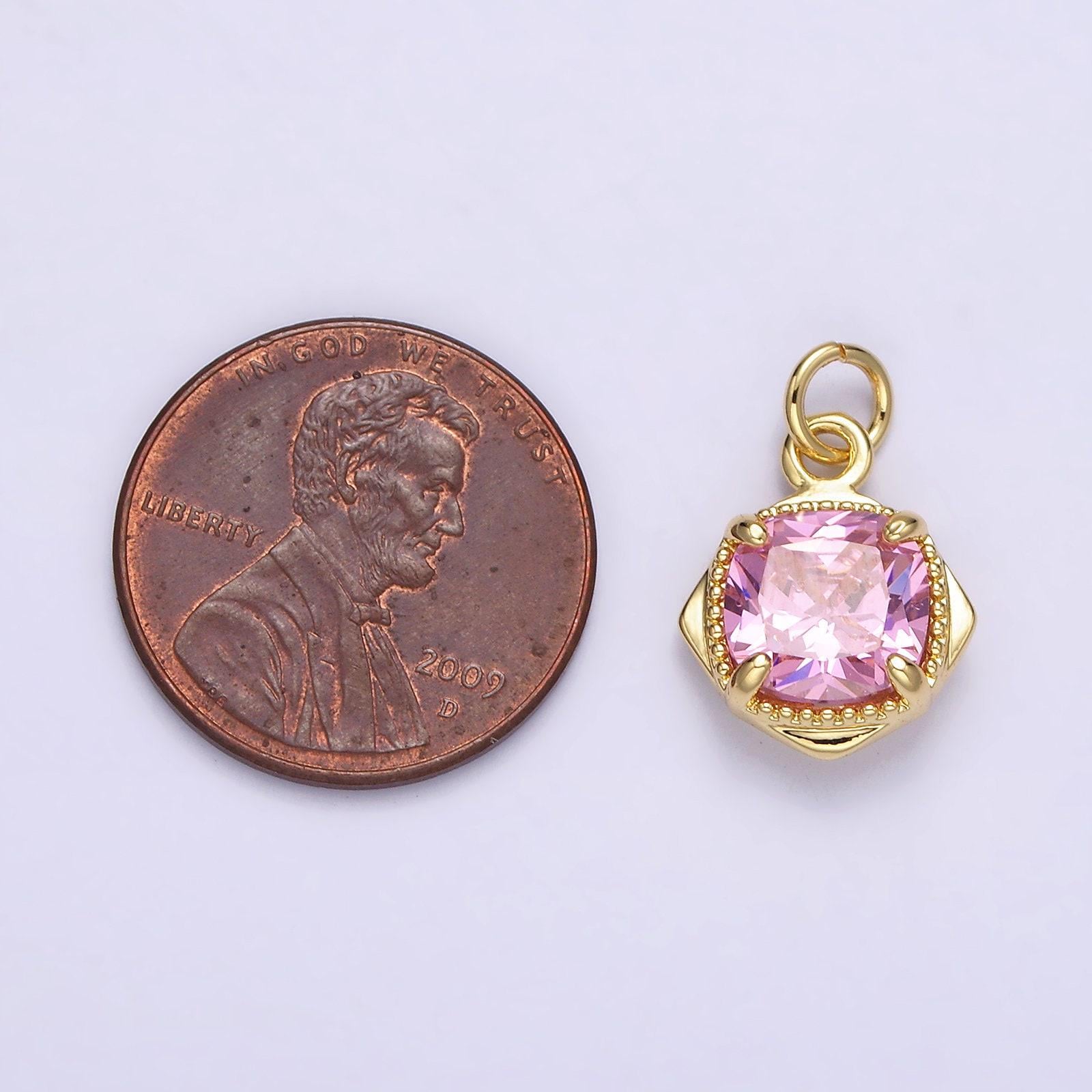 14k gold filled pink cz square rhombus 17mm charm | n1509